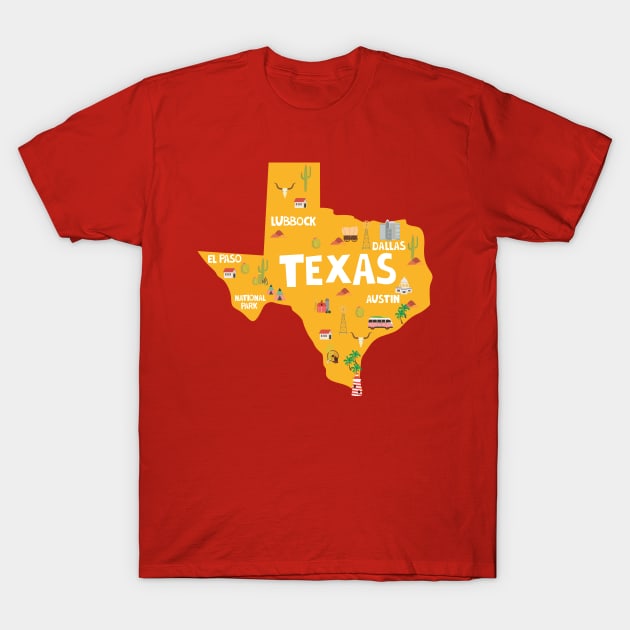 Texas State USA Illustrated Map T-Shirt by JunkyDotCom